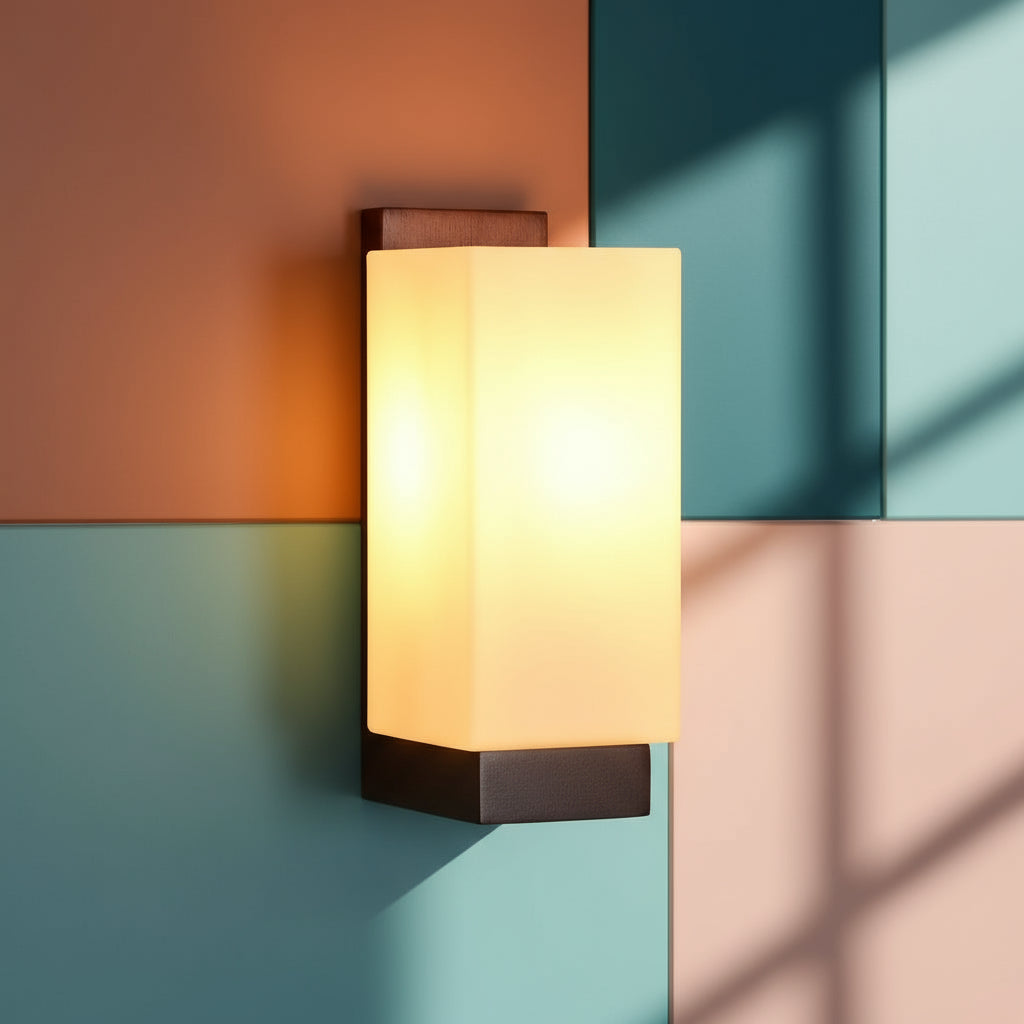 Houten wandlamp met glazen kap